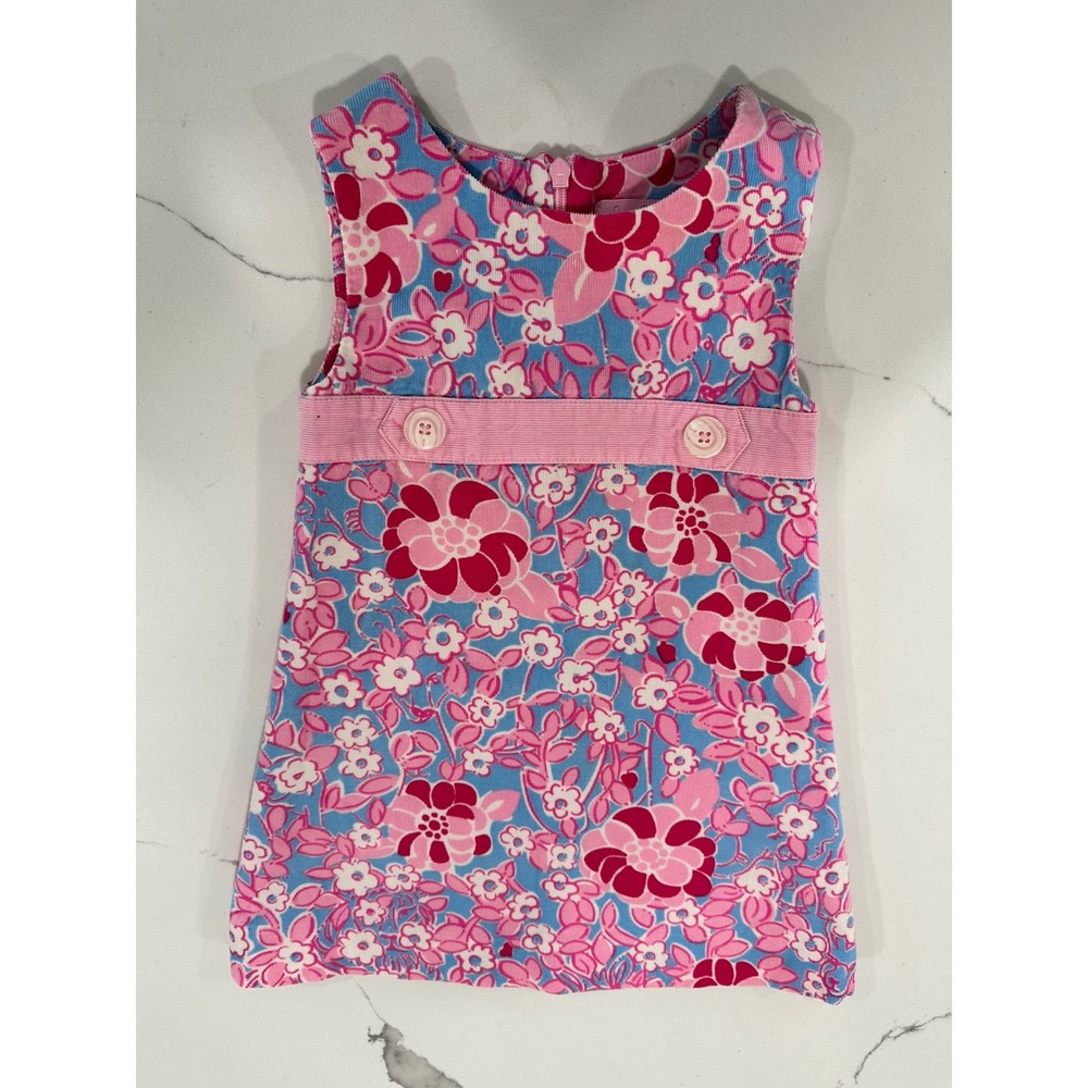 Lilly‎ Pulitzer Girls Pink Blue Floral Corduroy Shift Dress Sleeveless Size 2